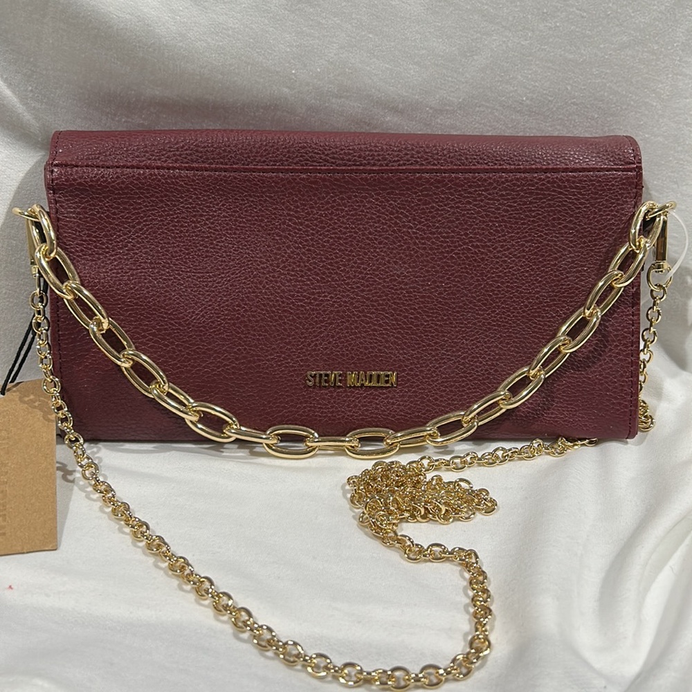 Steve Madden wine color clutch with gold chain straps
